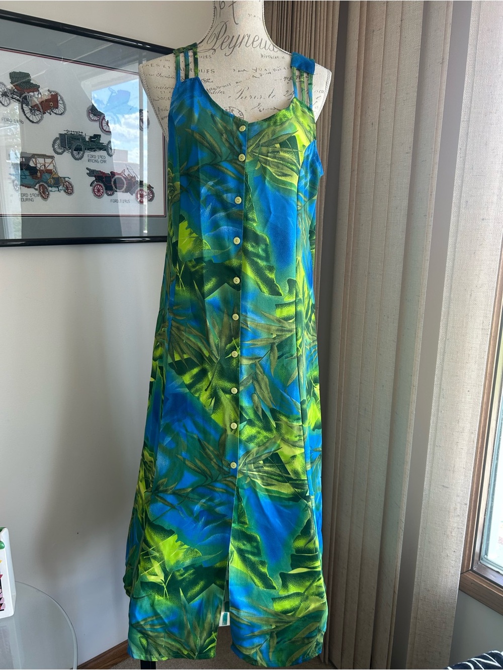 Tropical Blue and Green Button-Front Maxi Dress